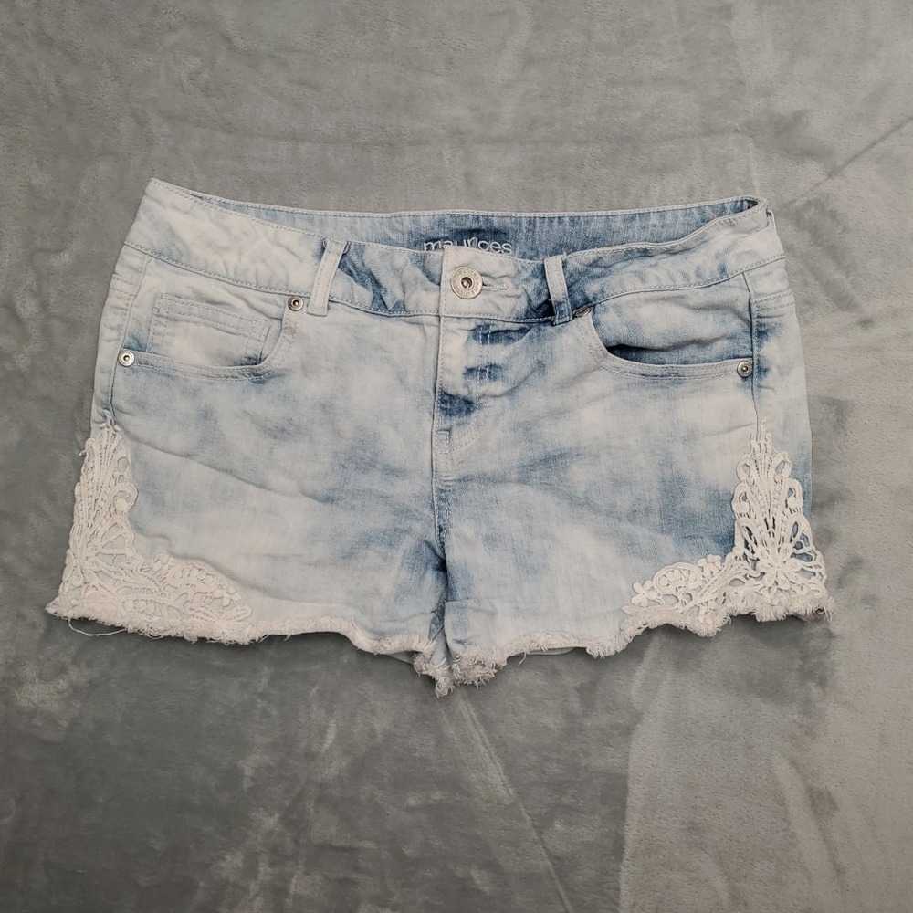 Maurices Shorts Womens 9 10 Blue Tie Dye Denim Micro Mini Low Rise Lace Y2K